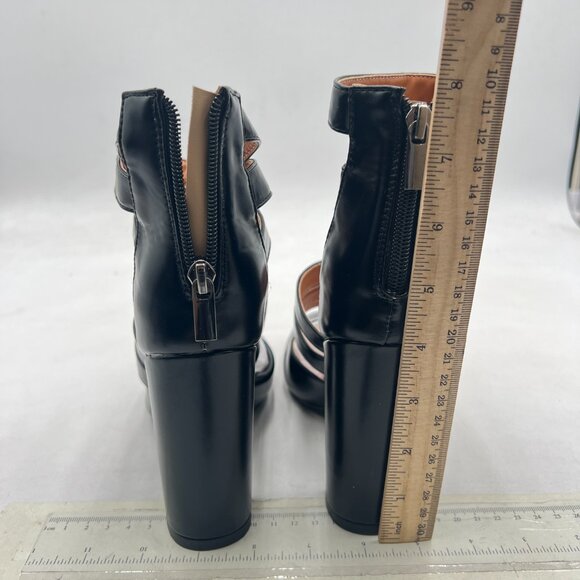 YDN Black Gladiator Strappy Sandals Block High Heel Round Toe Hollow Out Pumps - Picture 5 of 8